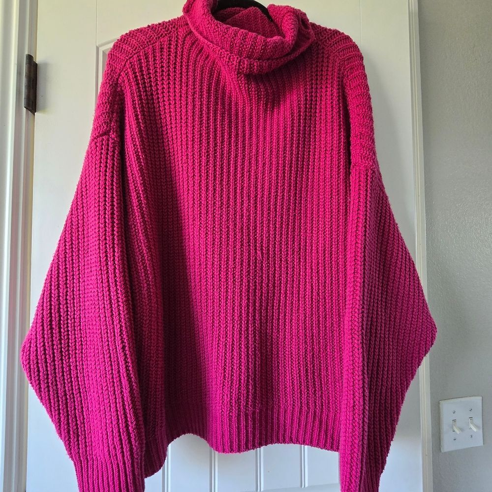Free People Swim Too Deep Sweater Hot Pink Oversized Chunky Turtleneck Small - Picture 3 of 11
